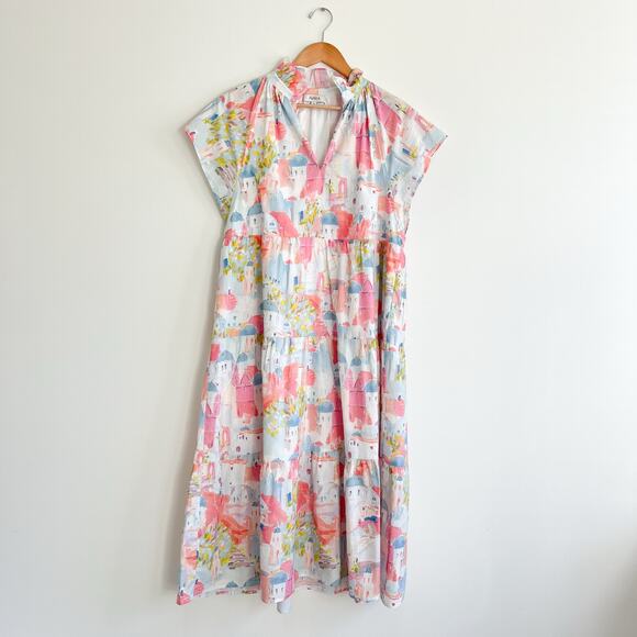 Avara Pinch Isa Santorini Greek Maxi Pastel Patterned Preppy Dress, Size Large - Picture 3 of 12